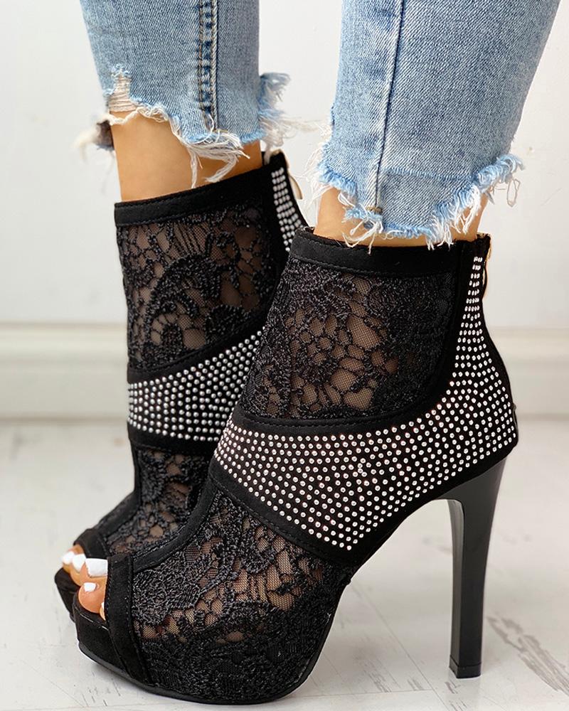 

Crochet Lace Studded Platform Thin Heels, Black