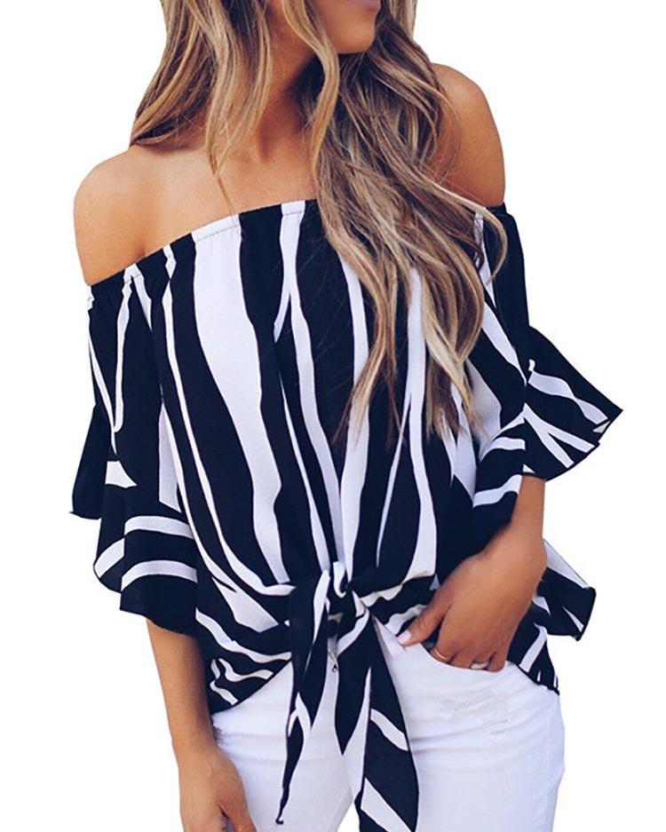 

Striped Knot Front Flared Sleeve Bardot Blouse, Black