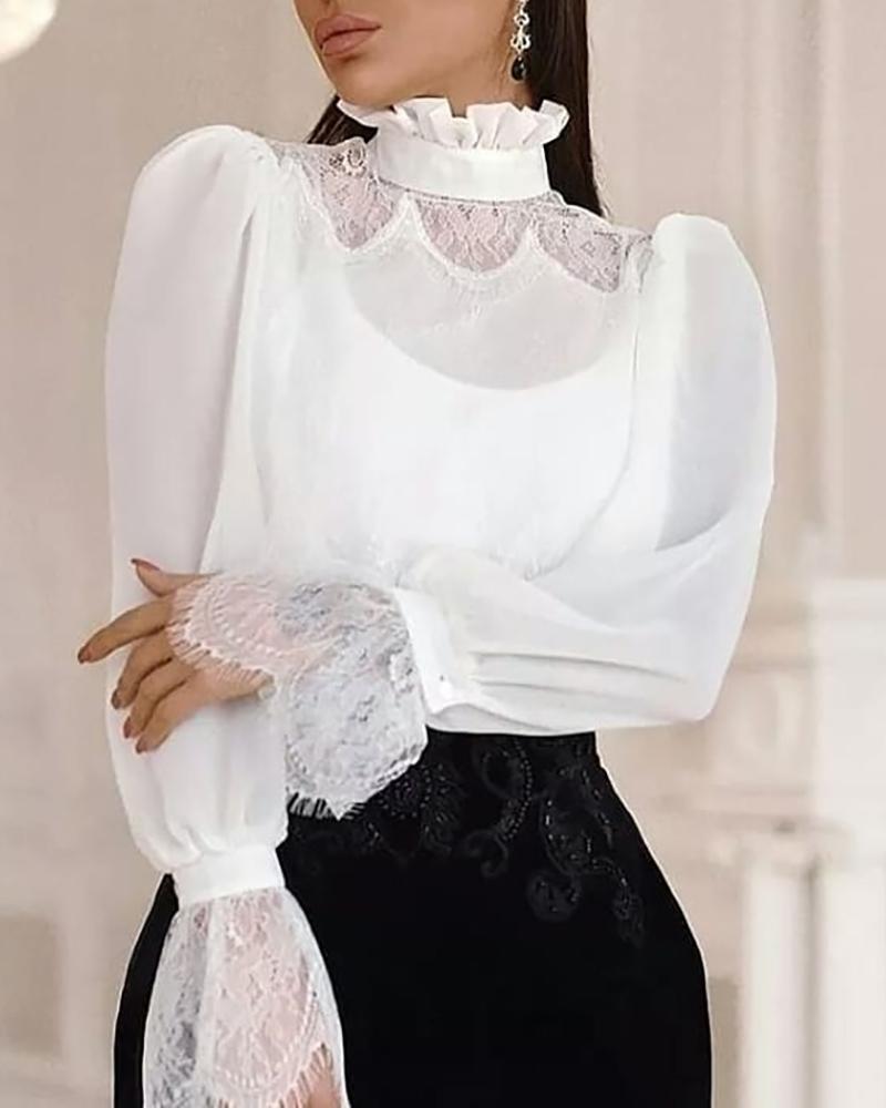 

Lace Embroidery High Neck Blouse, White