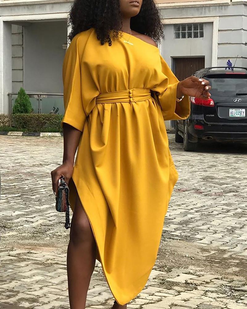 

Skew Neck Tie Waist Irregular Casual Dress, Yellow