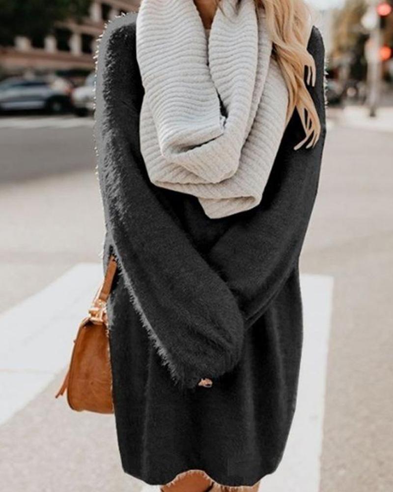 

Solid Color Medium Length Loose Knitting Sweater, Black
