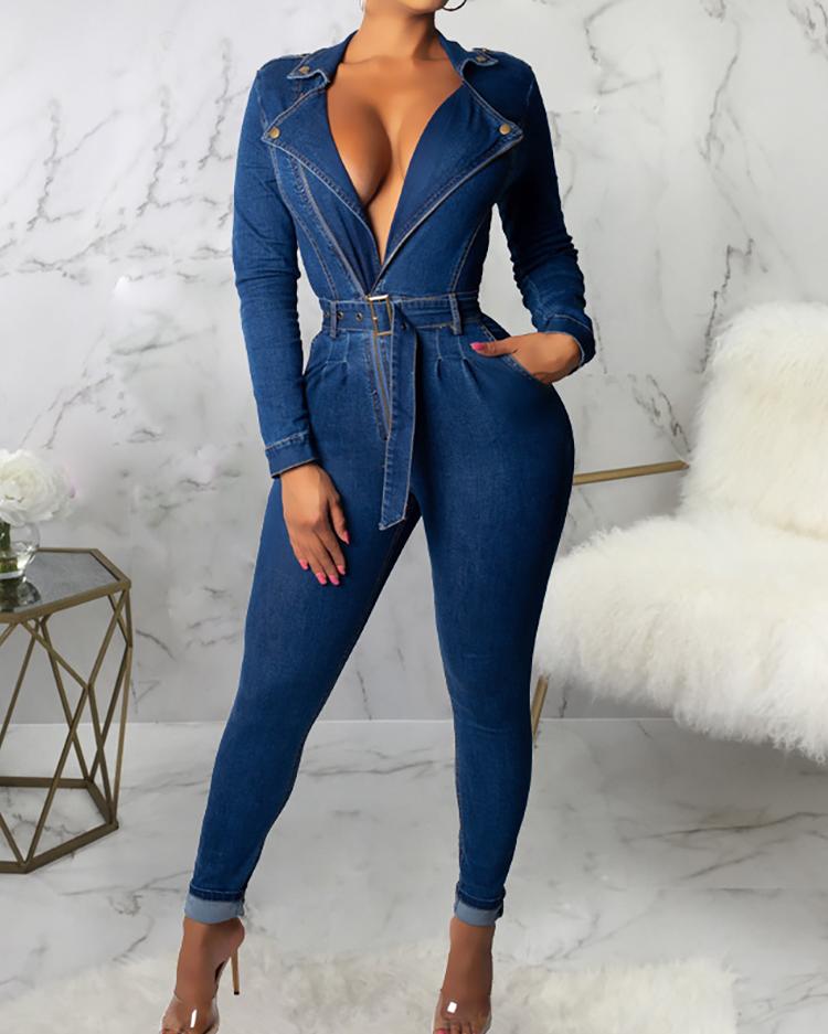 

Zip Detail Belted Denim Jumpsuit, Blue
