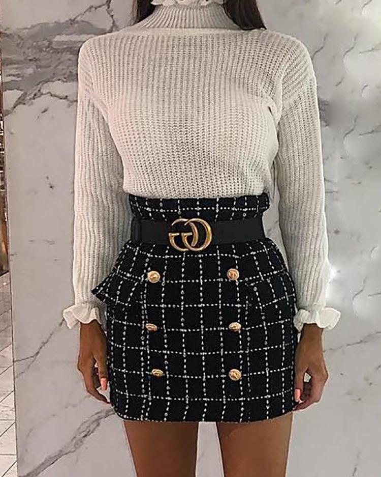 

Grid Double-Breasted High Waist Mini Skirt