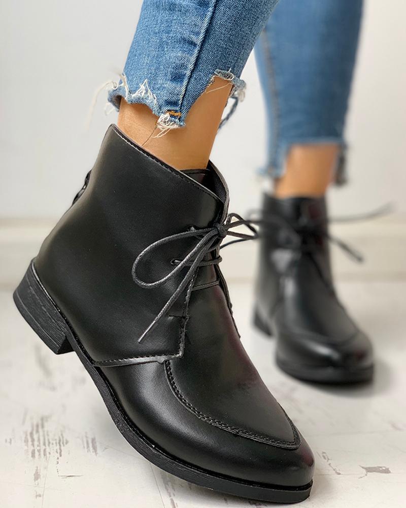 

Pointed Toe PU Lace-Up Chunky Heeled Boots, Black