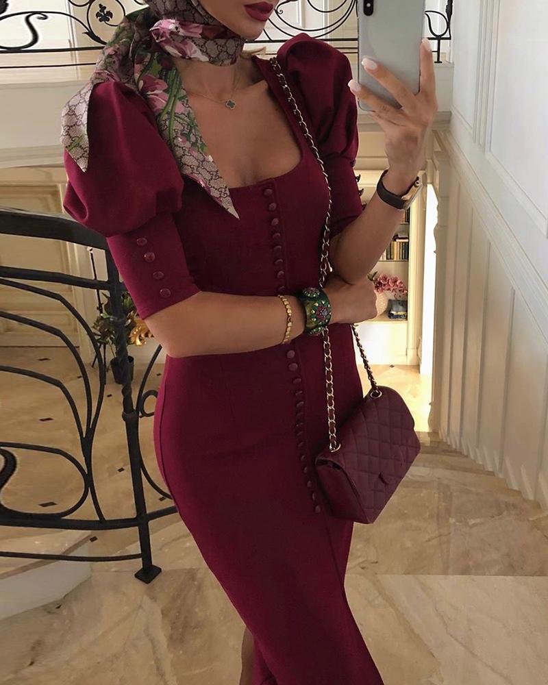 

Solid Puff Sleeve Buttoned Detail Bodycon Dress