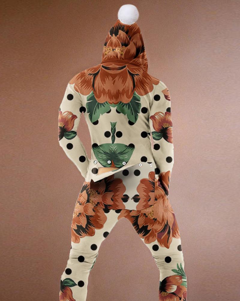 

All Over Print Long Sleeve Hooded Jumpsuit, White