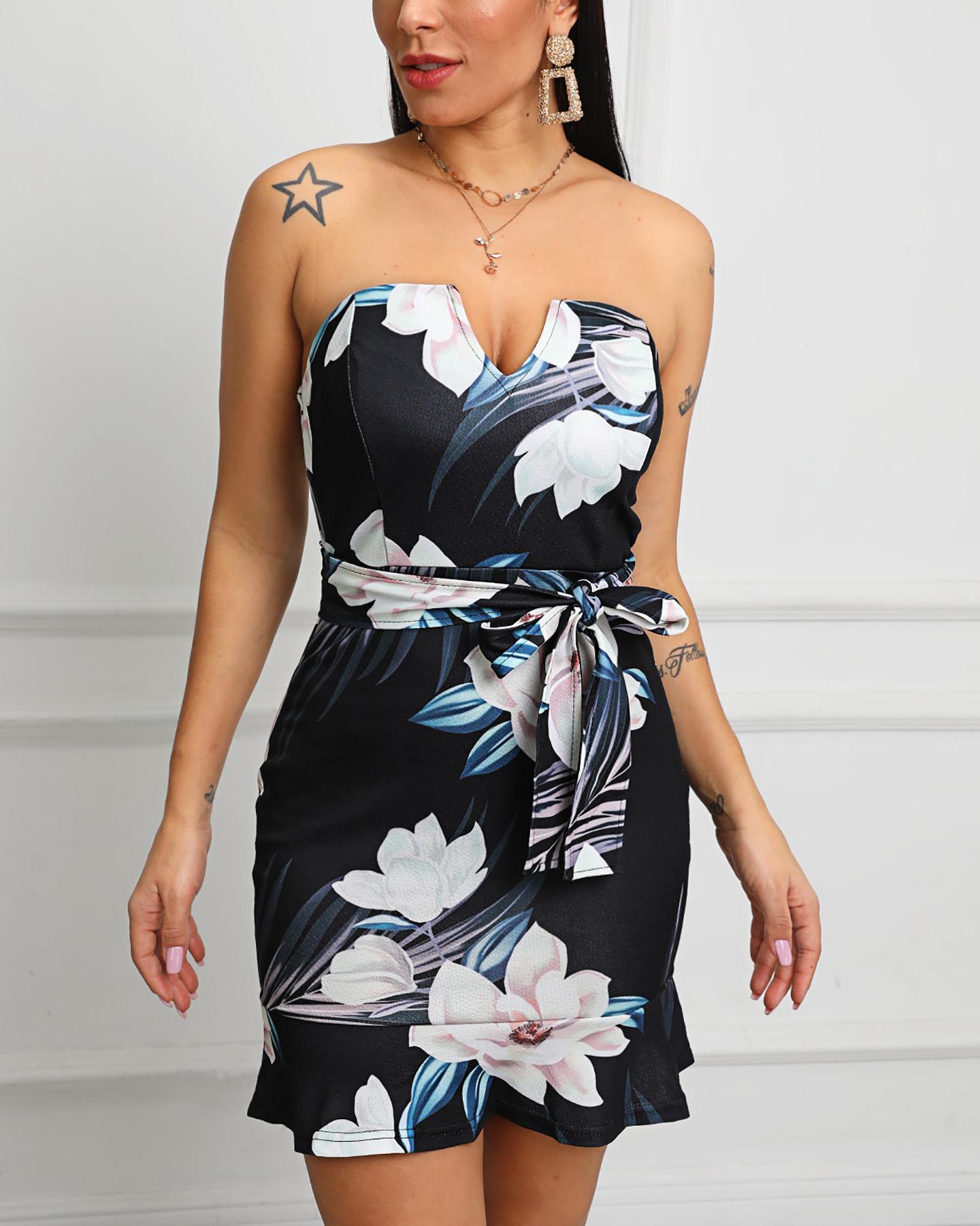 

Floral Print Ruffles Tube Bodycon Dress, Black