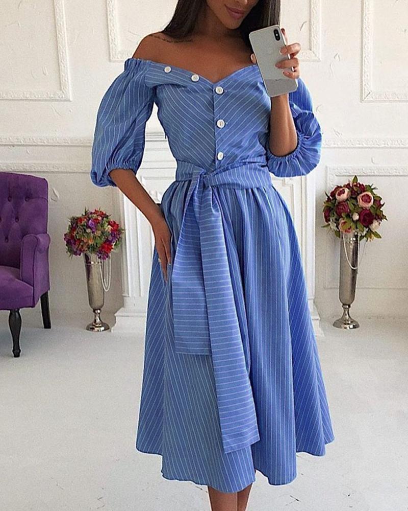 

Off Shoulder Striped Lantern Sleeve Casual Dress, Blue