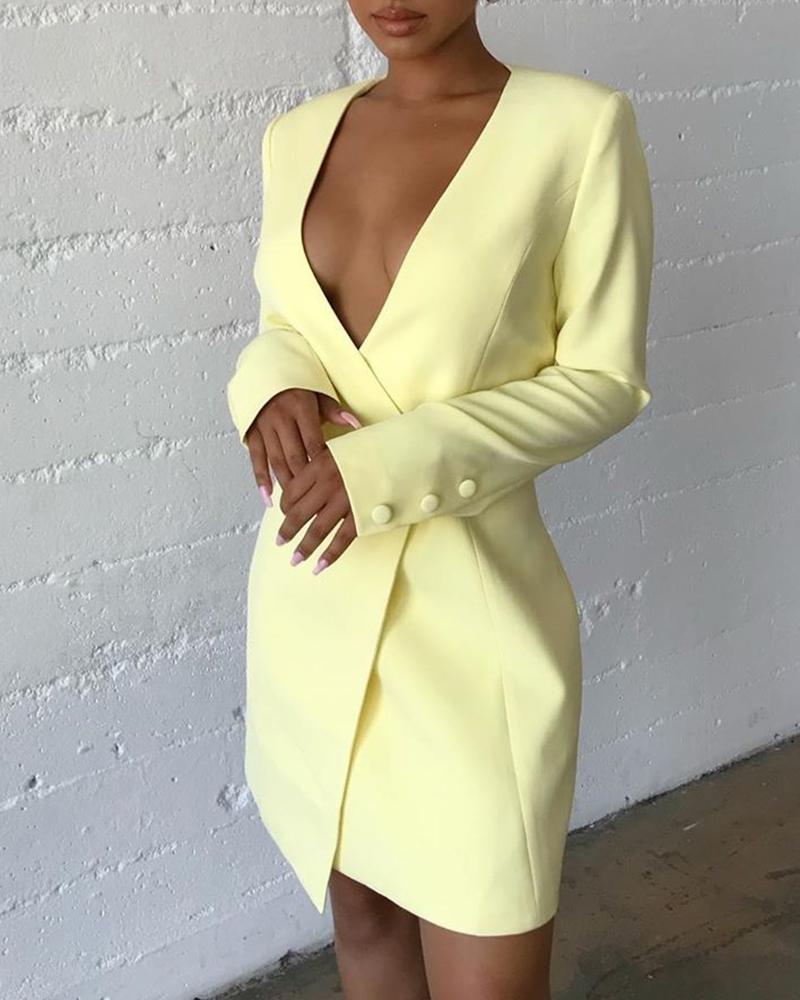 

Solid V-Neck Wrap Buttoned Cuff Blazer Dress, Yellow