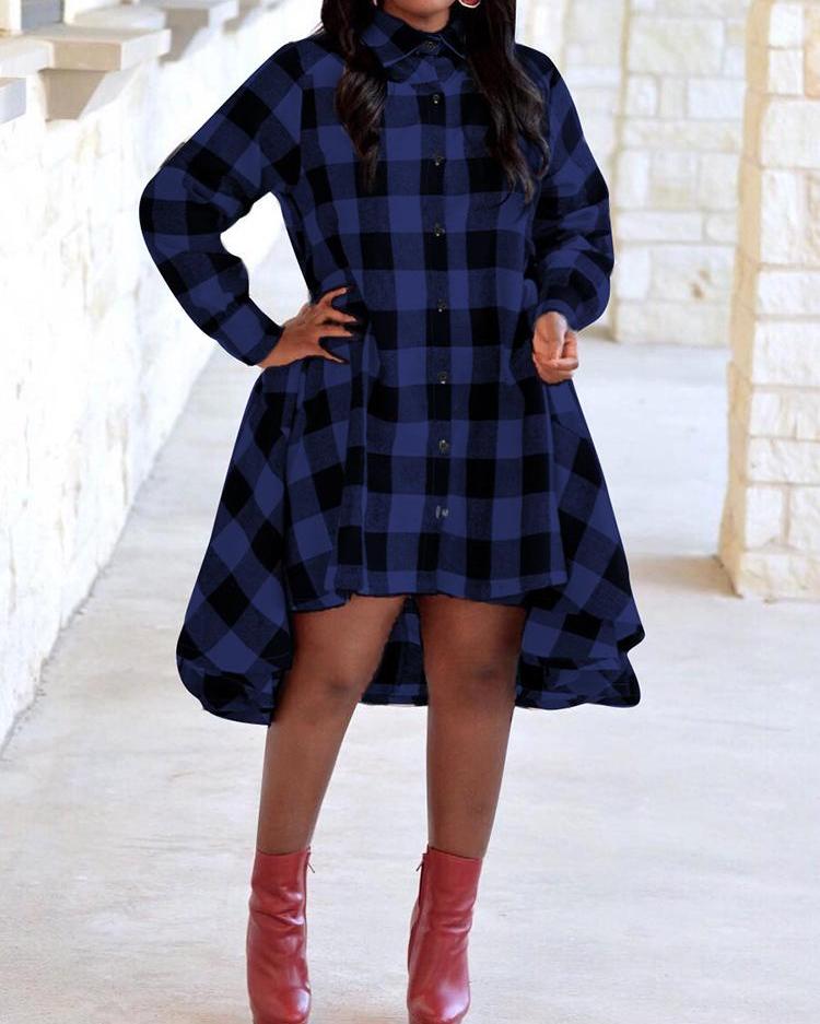 

Grid Button Design Dip Hem Shirt Dress, Blue