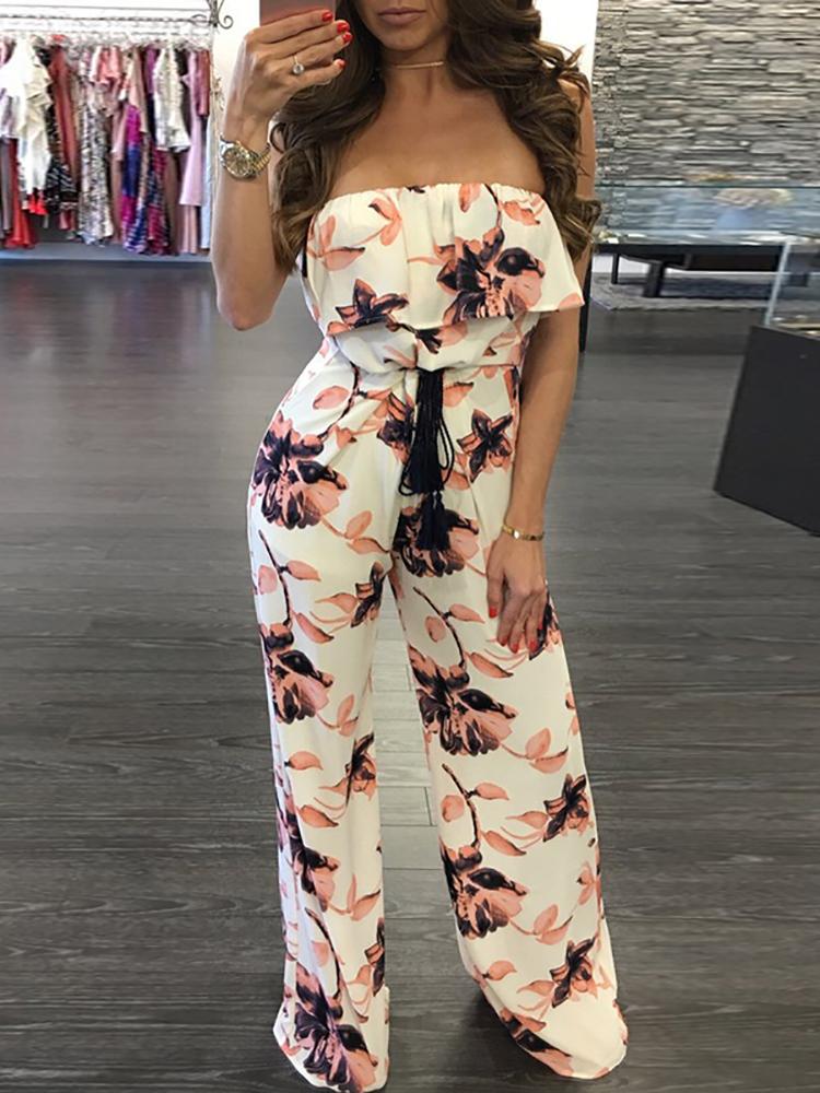 

Trendy Ruffled Floral Strapless Flared Jumpsuit