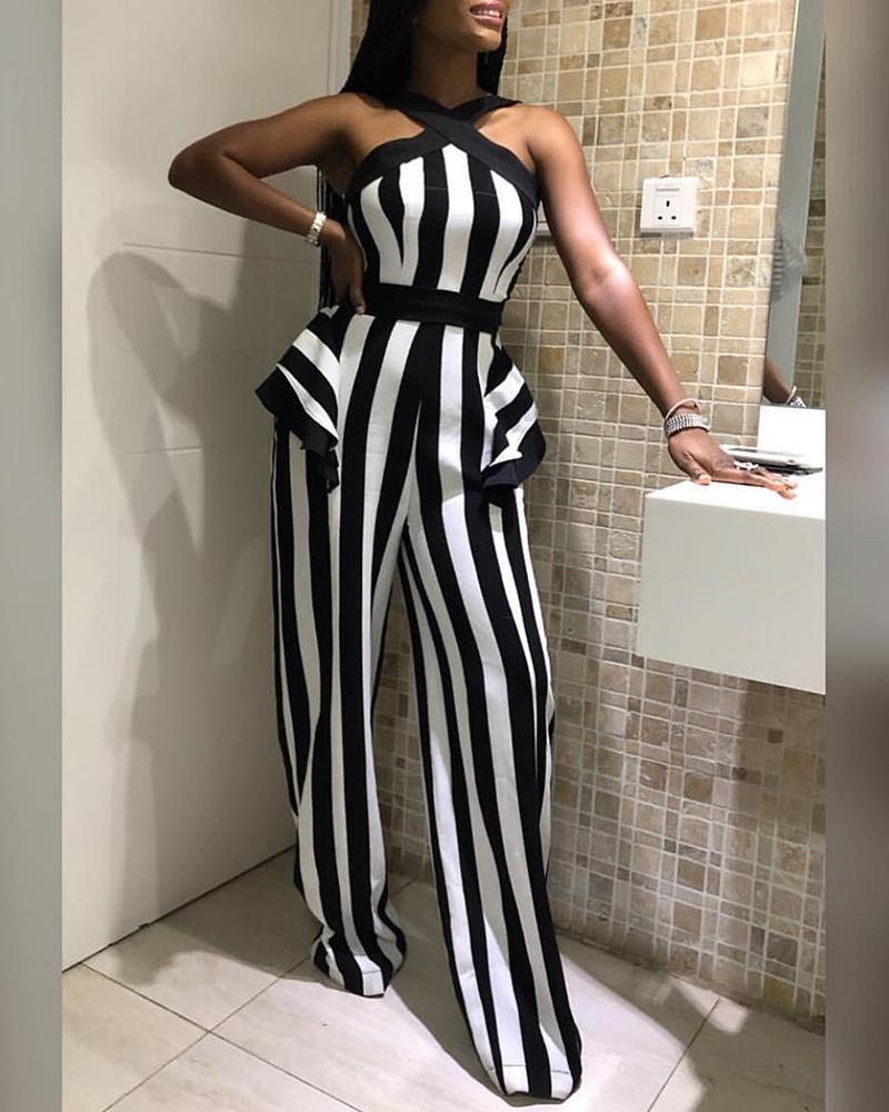 

Striped Halter Sleeveless Jumpsuit, Black