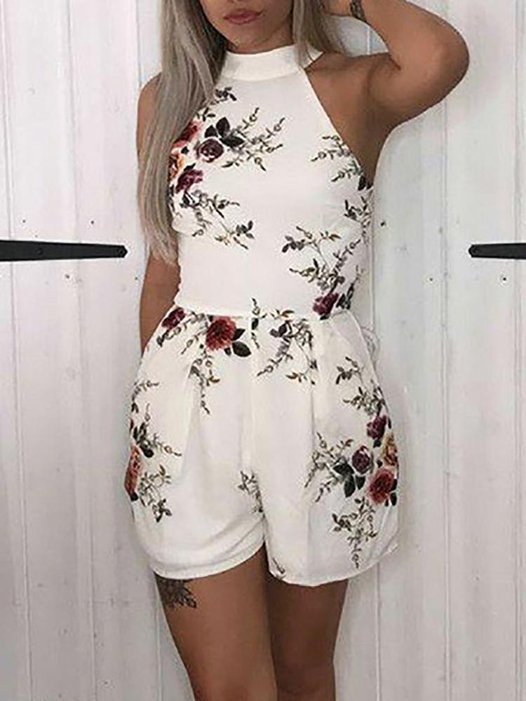 

Floral Halter Pleated Casual Playsuit, White