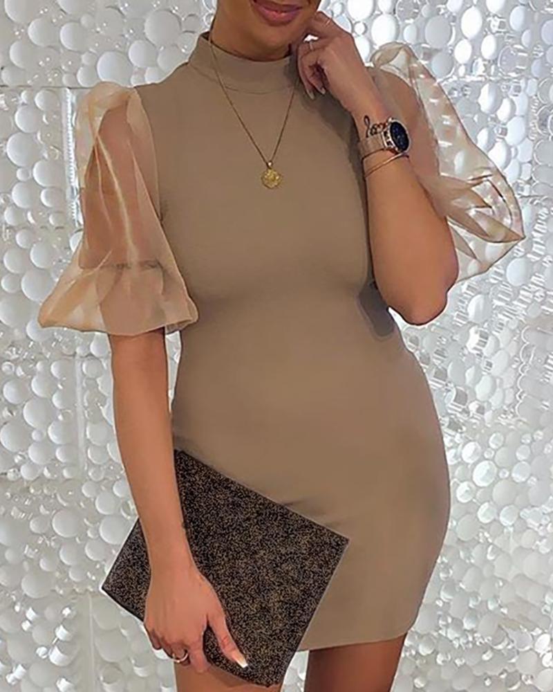 

Solid Mesh Patchwork See Through Sleeve Bodycon Dress