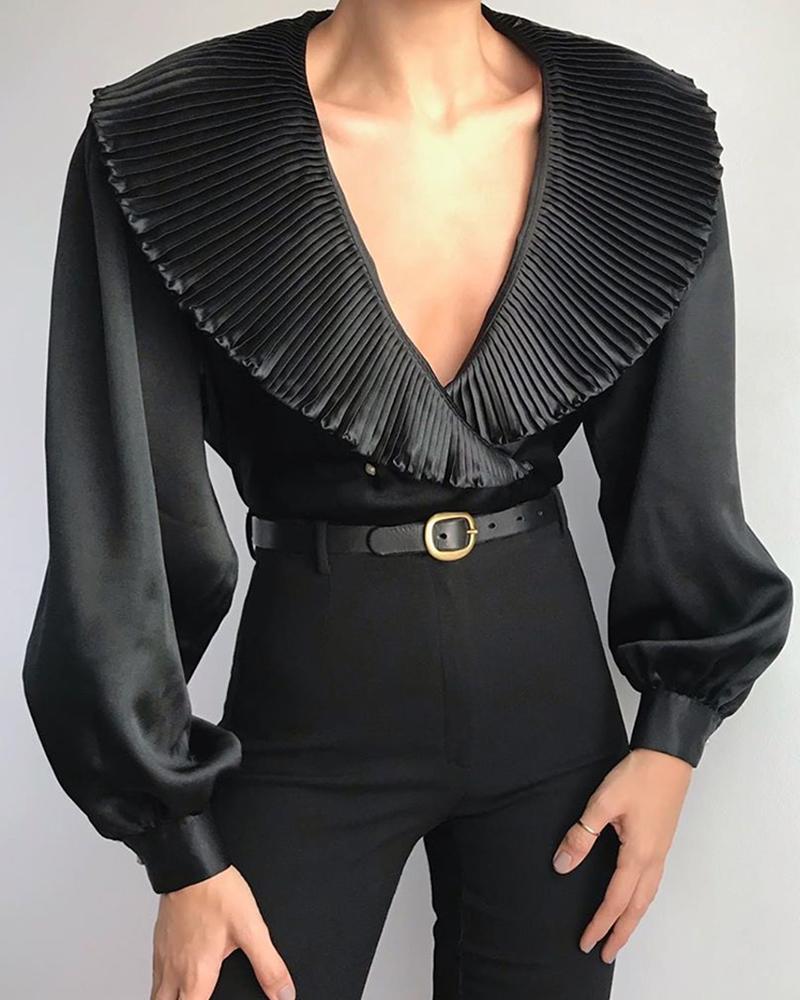 

Solid Deep V Lantern Sleeve Blouse, Black