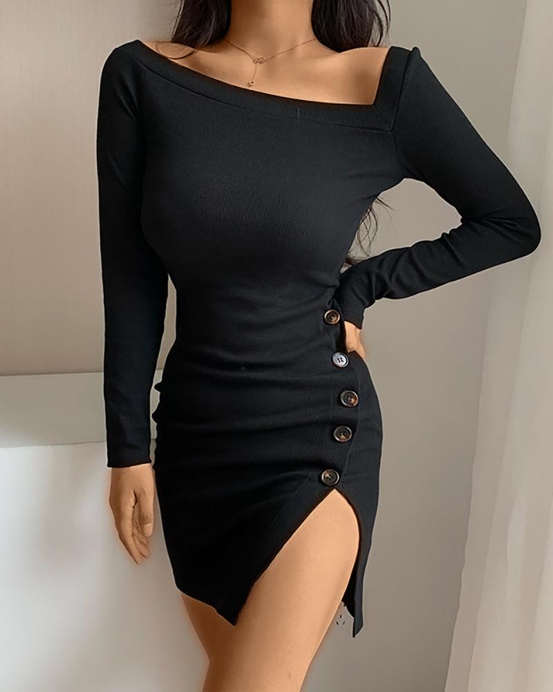 

Buttoned Slit Solid Long Sleeve Bodycon Dress, Black