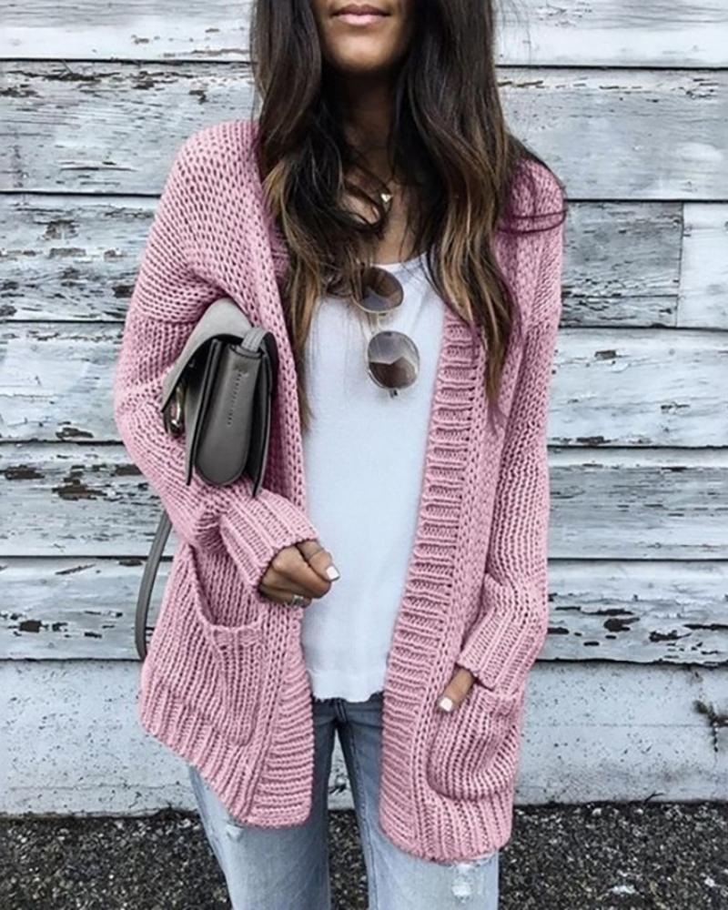 

Solid Long Sleeve Open Front Pocket Cardigan, Pink