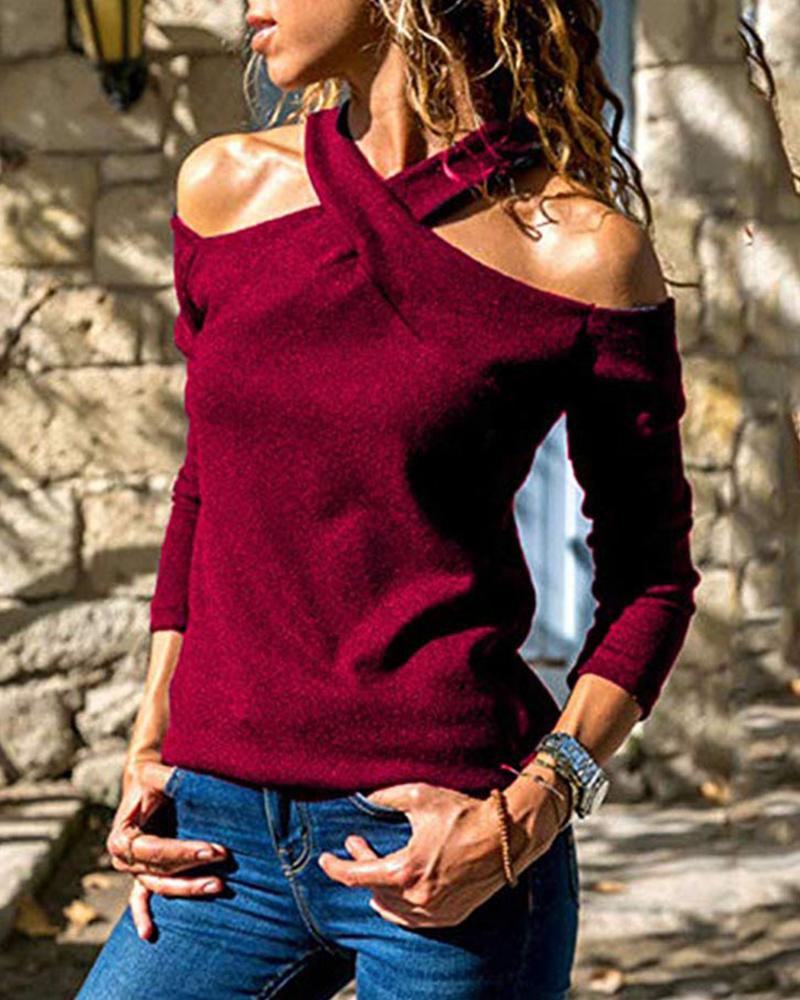 

Solid Halter Long Sleeve T-Shirt, Red