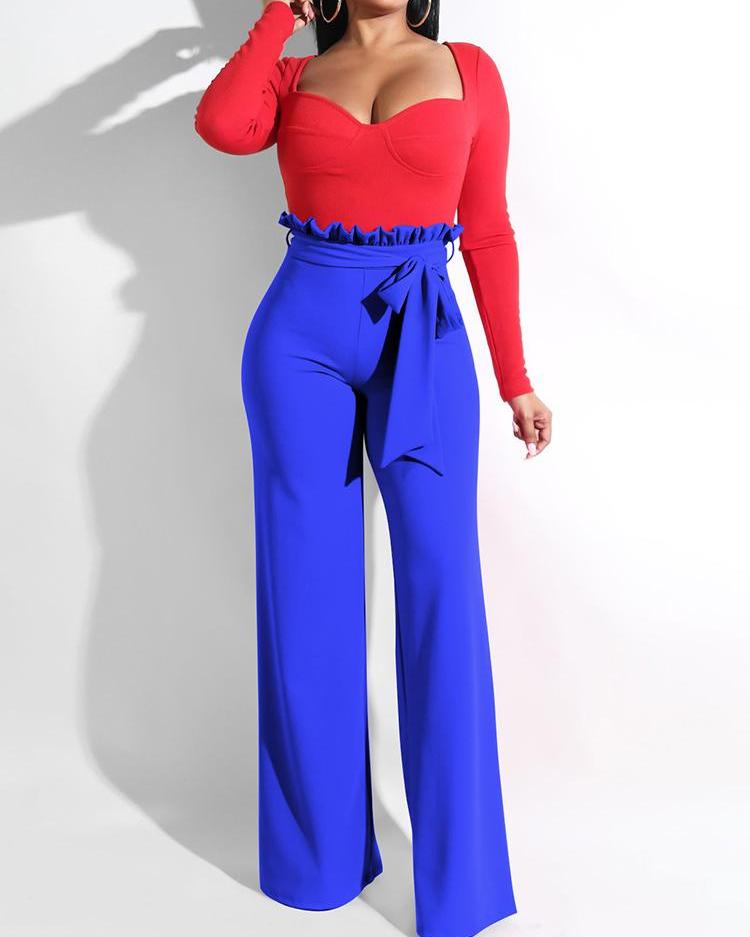

Frills High Waist Wide Leg Belted Pants, Blue