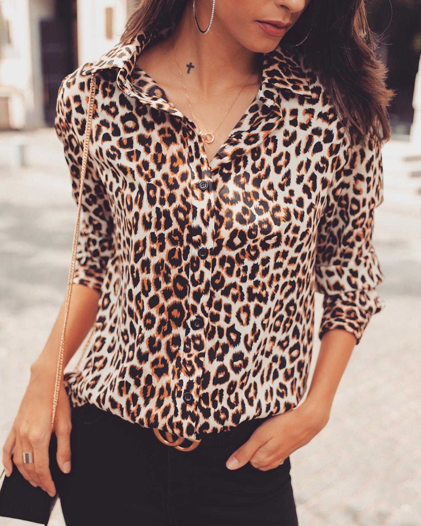 

Long Sleeve Leopard Print Casual Shirt, Brown