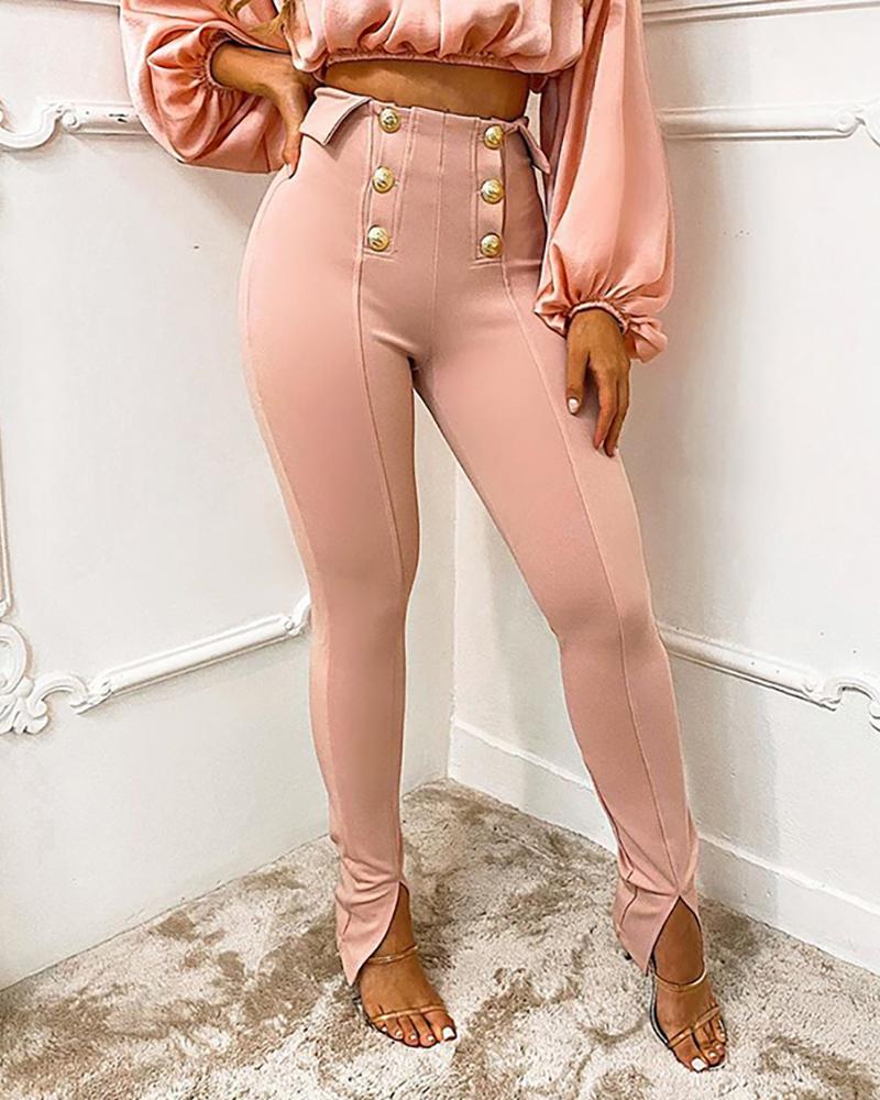 

Button Design High Waist Slit Skinny Pants, Pink