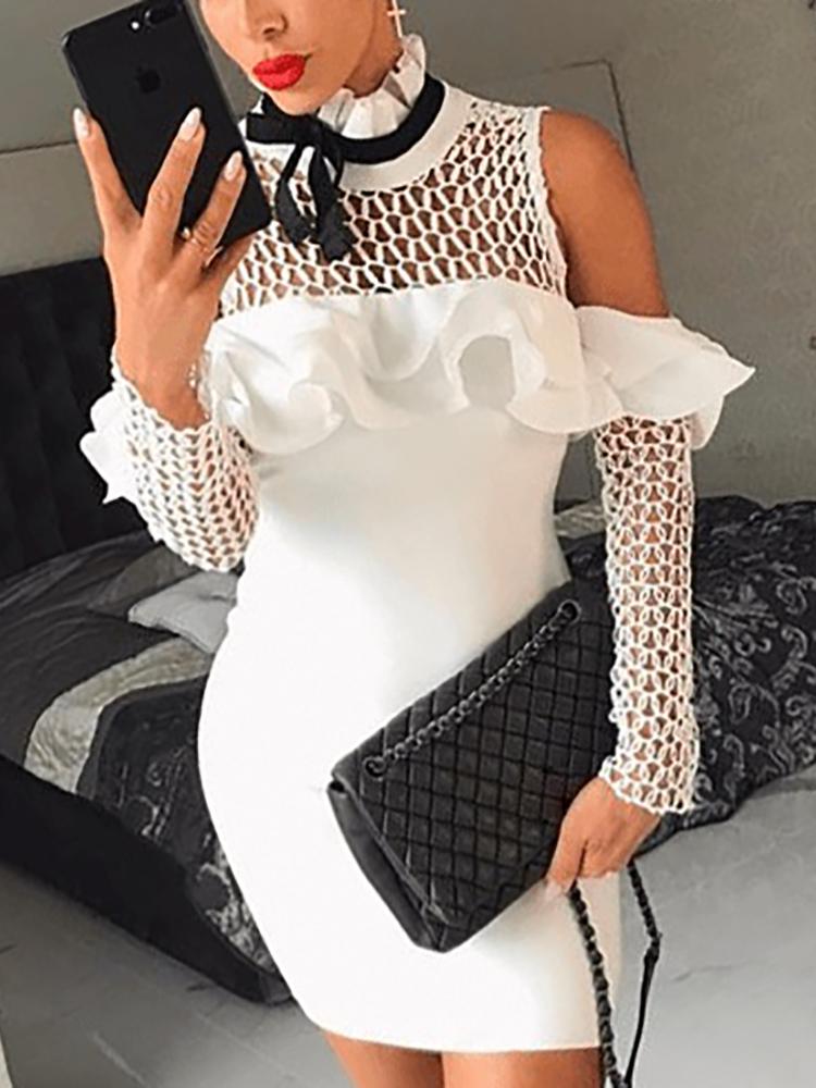 

Cold Shoulder Hollow Out Ruffles Bodycon Dress, White