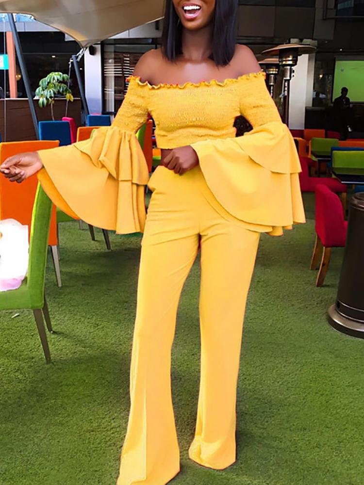 

Solid Shirring Ruffles Sleeve Top & Pant Sets, Yellow