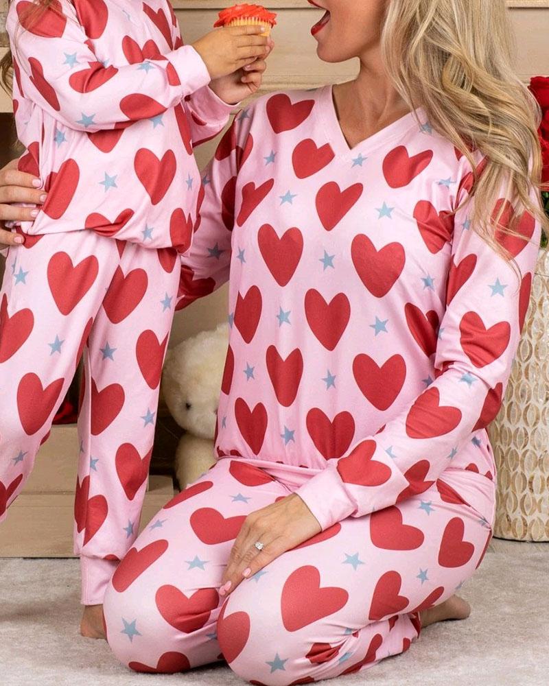 

Heart Print Long Sleeve Loose T-shirt With Pants Suit Sets, Pink