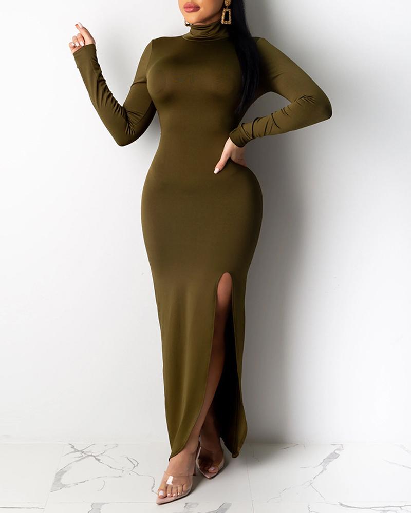 

Long Sleeve High Slit Evening Dress, Green