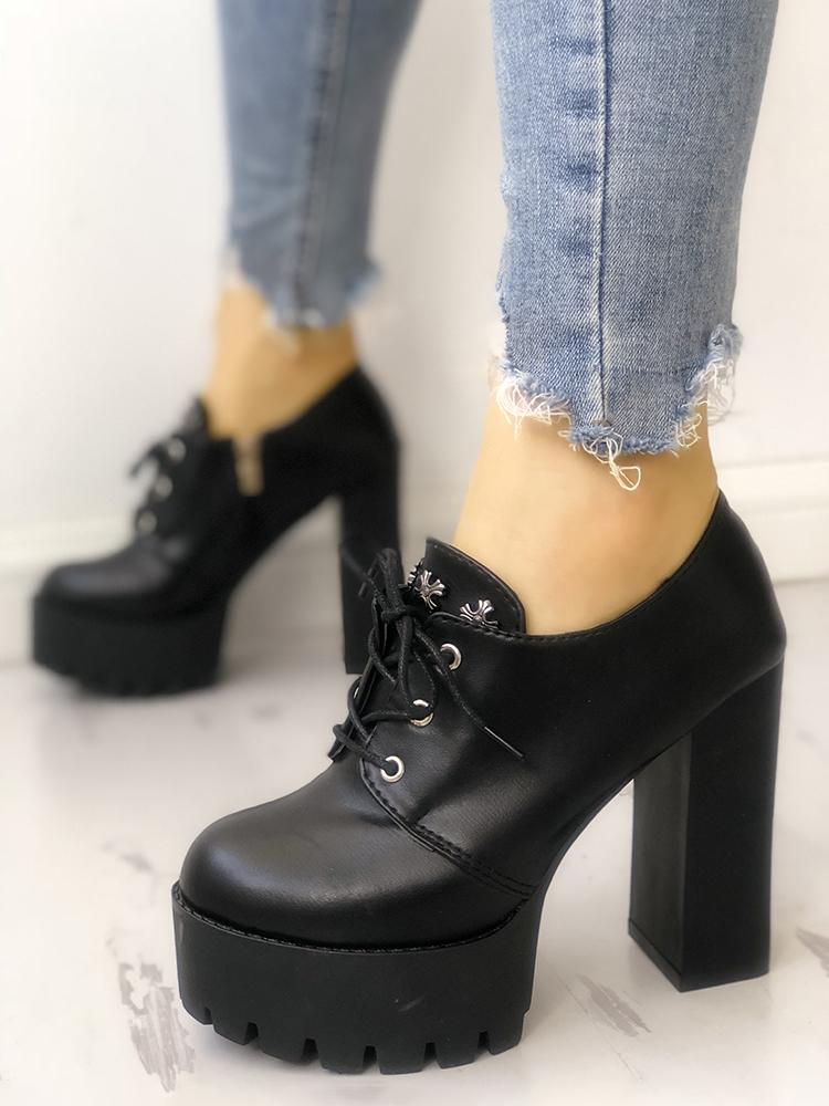 

Metal Decorated Lace-Up Platform Chunky Heels, Black