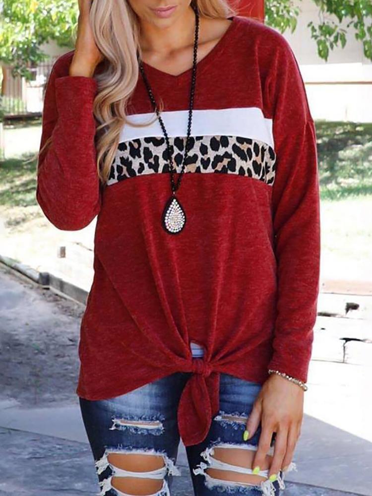 

Leopard & Striped Splicing Tied Front T-Shirt