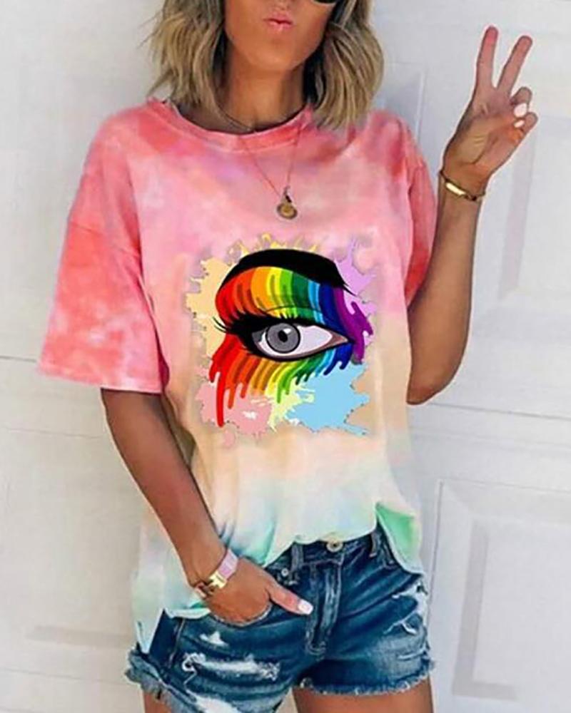 

Tie Dye Eyes Print Casual T-shirt, Pink