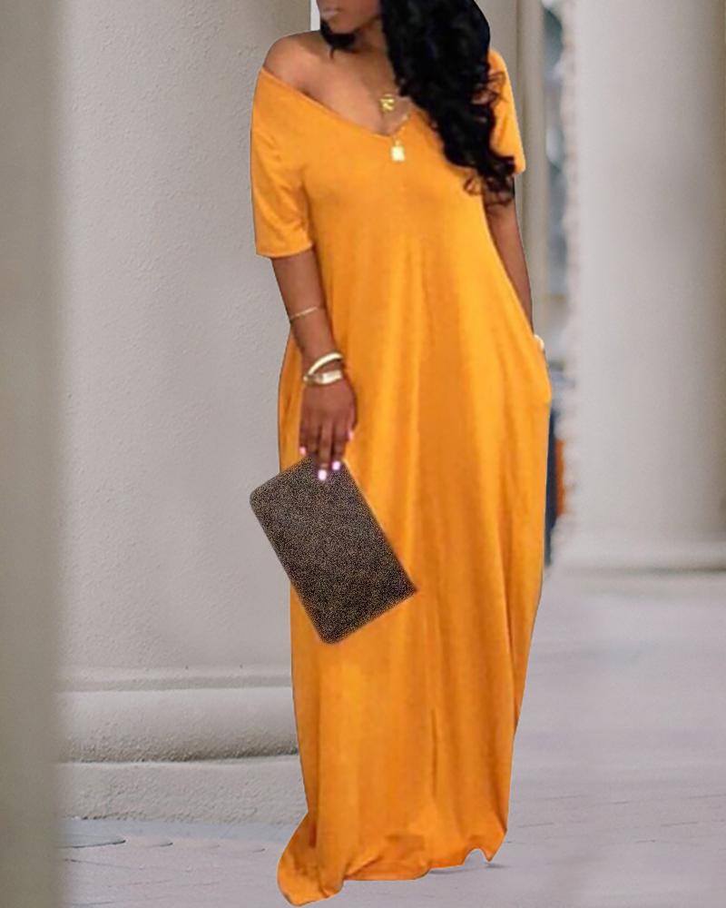 

Short Sleeve V-neck Casual Dress, Yellow