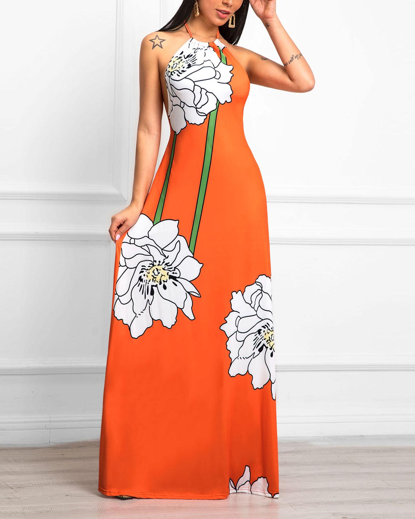 

Floral Print Open Back Halter Maxi Dress, Orange