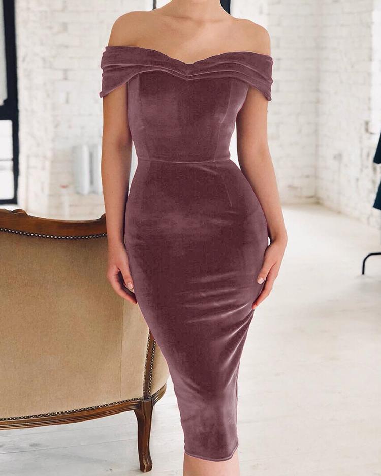 

Velvet Off Shoulder Ruched Bodycon Dress, Hot pink