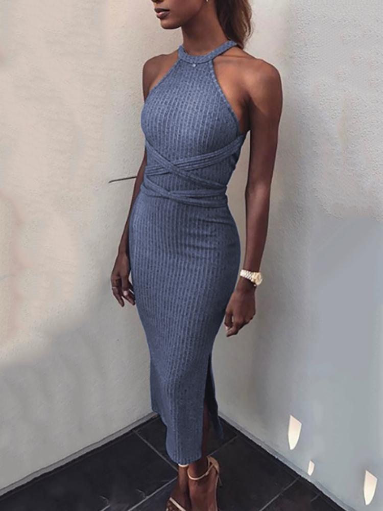 

Halter Crisscross Waist Split Bodycon Dress, Blue