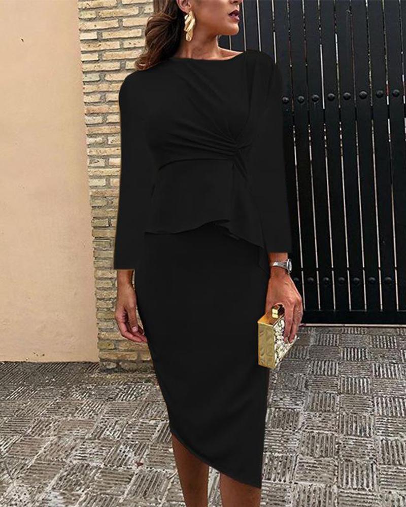 

Solid Side Slit Two-Piece Dress, Black