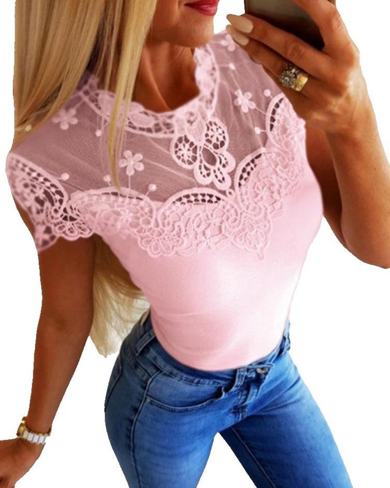 

Solid Round Neck Lace Top, Pink