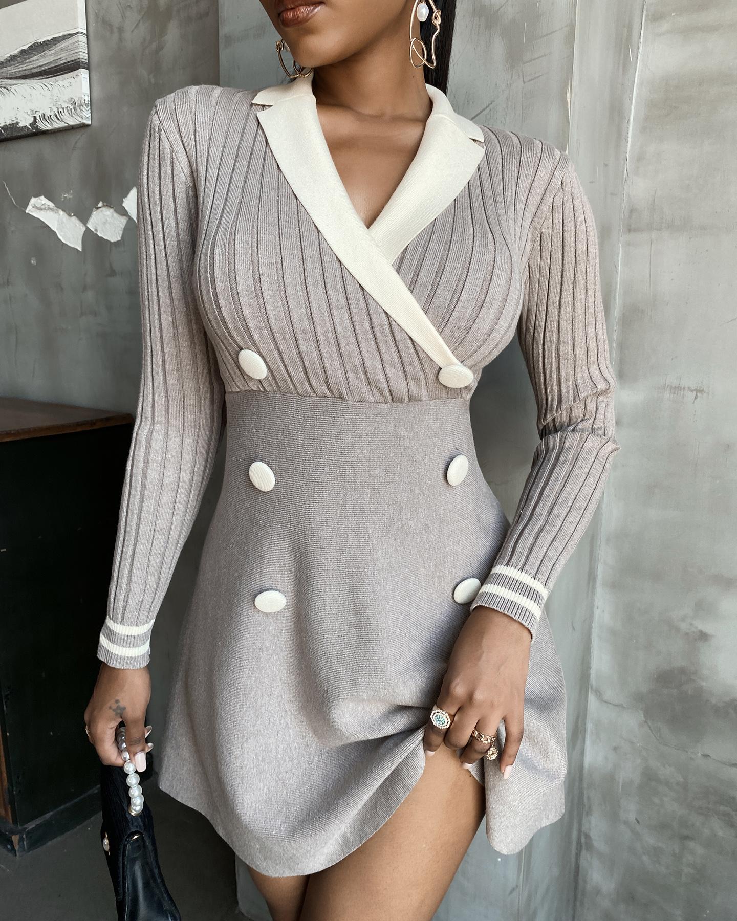 

Button Decor Colorblock Dress, Gray