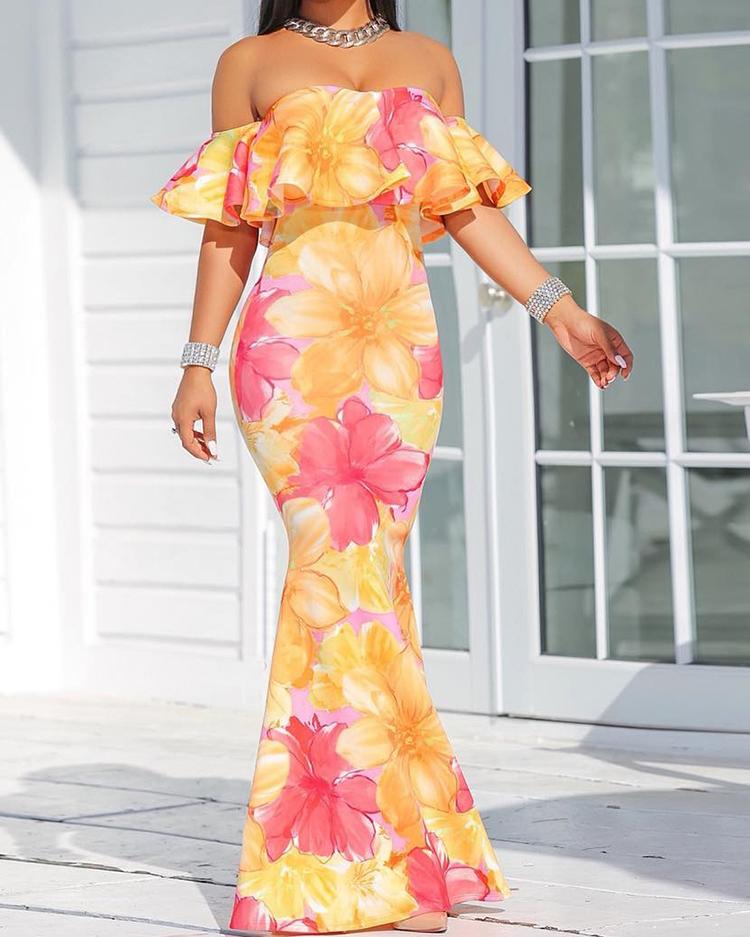 

Floral Print Ruffle Strapless Fishtail Maxi Dress, Hot pink