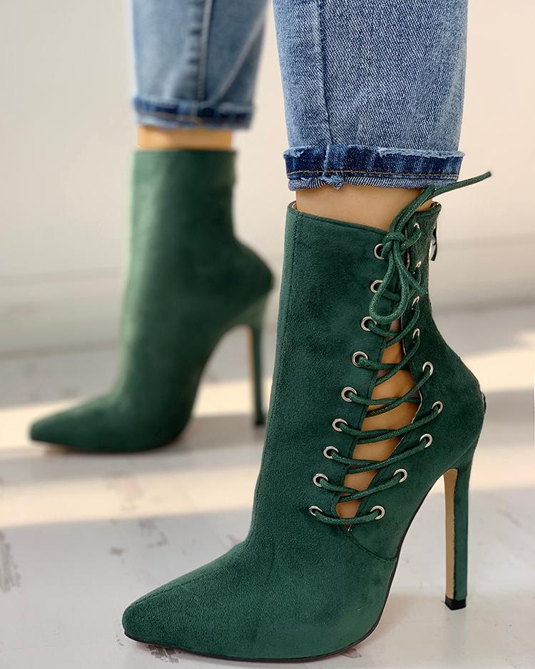 

Suede Lace-Up Eyelet Pointed Toe Boots, Army green