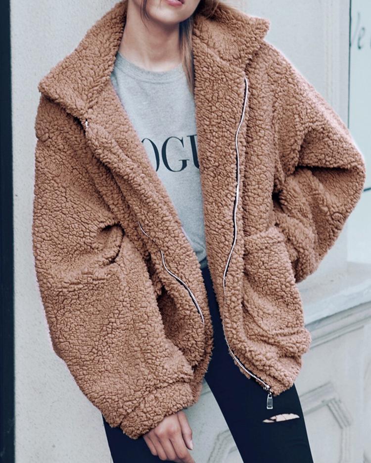 

Fluffy Zipper Up Pocket Design Oversized Coat, Brown