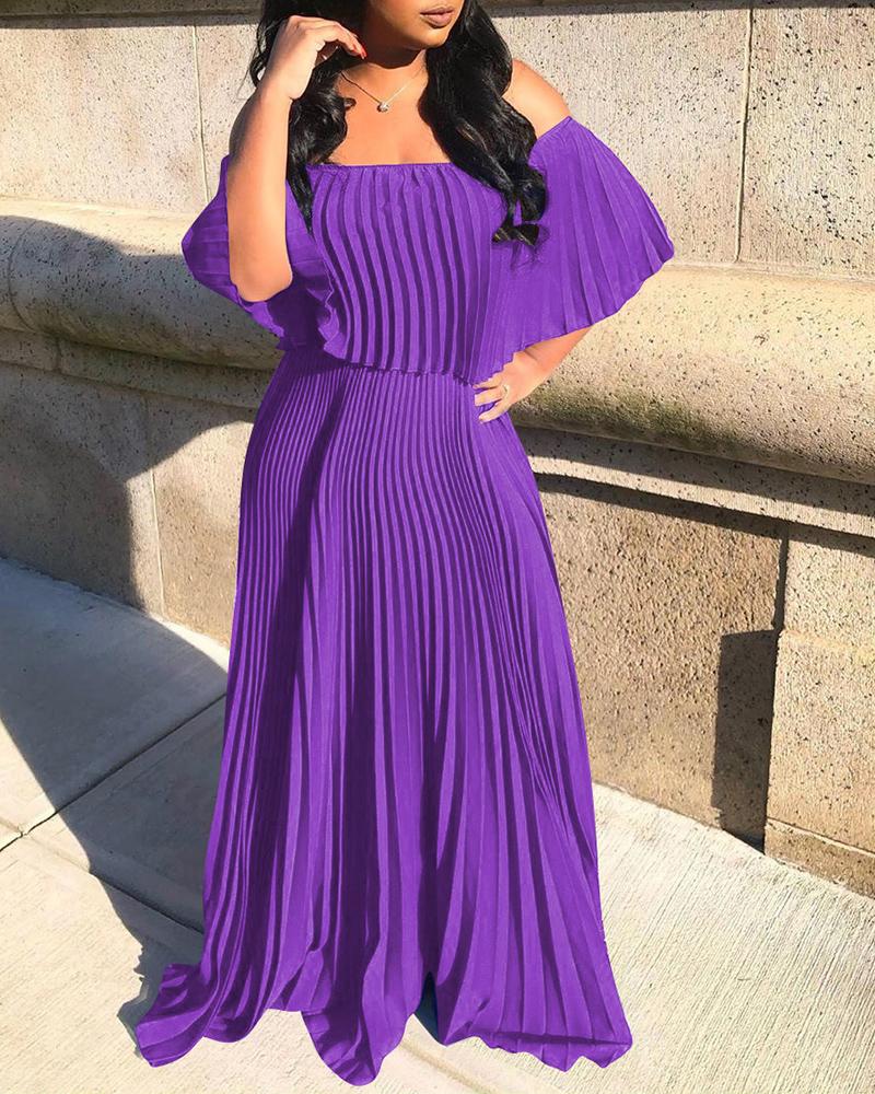 

Solid Ruffles Off Shoulder Pleated Dress, Purple