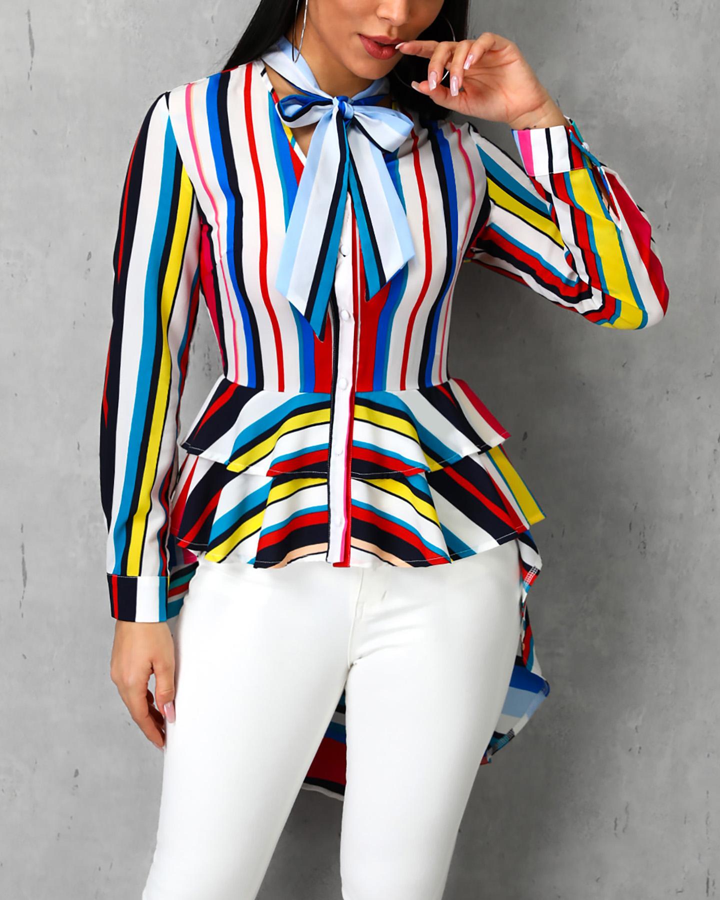 

Colorful Striped Ruffles Tied Neck Dip Hem Blouse, Multicolor