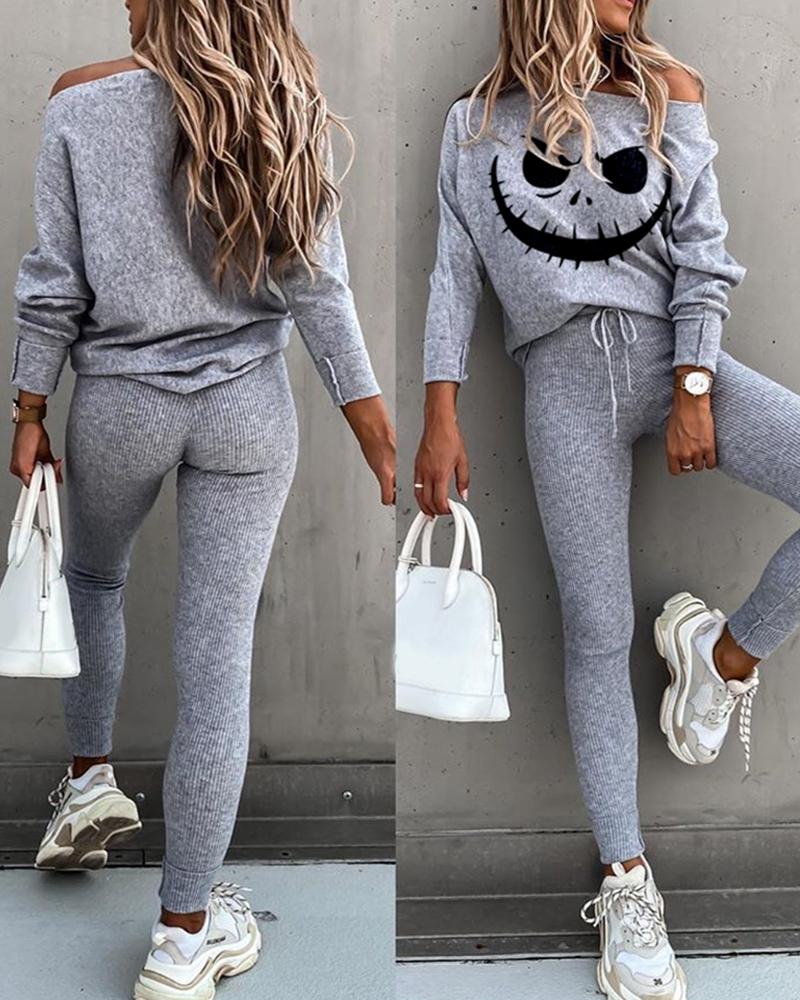 

Halloween Pumpkin Face Print Top & Drawstring Pants Set, Gray