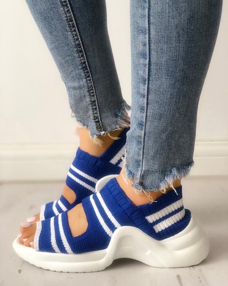 

Contrast Color Stripes Knitted Non-Slip Sandals, Blue