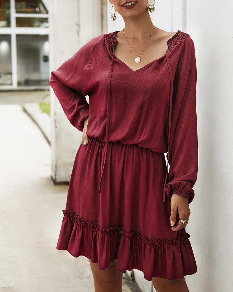 

Solid Long Sleeve Elastic Waist Dress, Wine red