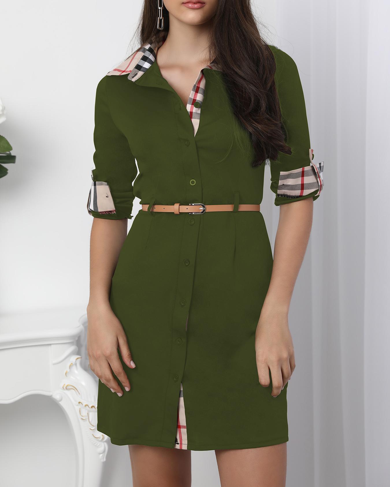 

Oversize Roll-up Sleeve Contrast Binding Shirt Dress, Army green