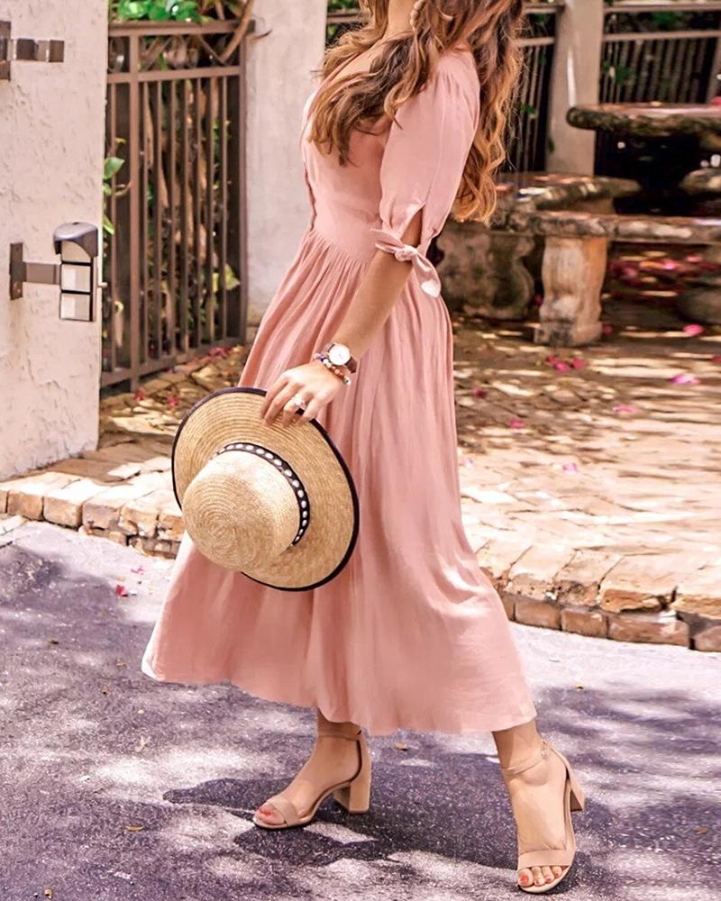 

V Neck Tied Sleeve Button Design Ruched Casual Dress, Pink