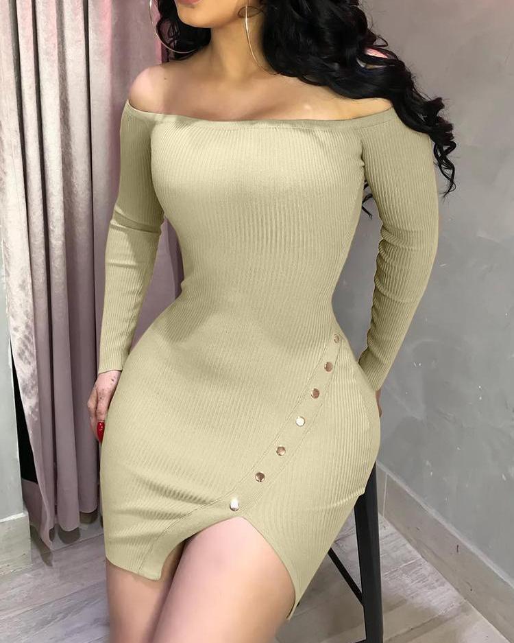 

Off Shoulder Ribbed Button Detail Dress, Khaki